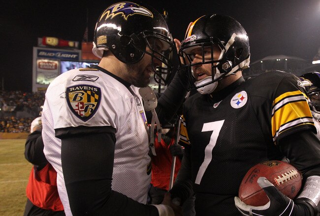 PITTSBURGH, PA - JANUARY 15:  Quarterback Ben Roethlisberger #7 of the Pittsburgh Steelers speaks with quarterback Joe Flacco #5 of the Baltimore Ravens following the AFC Divisional Playoff Game at Heinz Field on January 15, 2011 in Pittsburgh, Pennsylvan