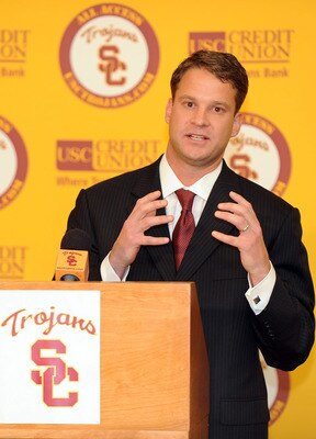LOS ANGELES, CA - JANUARY 13:  New head coach of the USC Trojans Lane Kiffin speaks to the media during a press conference at Heritage Hall January 13, 2010 in Los Angeles, California.  (Photo by Harry How/Getty Images)