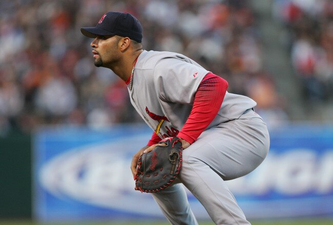 SAN FRANCISCO - MAY 23:  First baseman Albert Pujols #5 of the St. Louis Cardinals plays defense against the San Francisco Giants during the MLB game at AT&T Park on May 23, 2006 in San Francisco, California.  The Cardinals won 8-5.  (Photo by Jed Jacobso