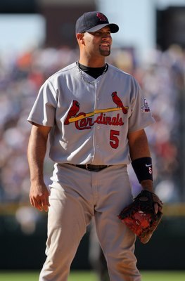 DENVER - SEPTEMBER 27:  First baseman Albert Pujols #5 of the St. Louis Cardinals looks on as he plays defense against the Colorado Rockies at Coors Field on September 27, 2009 in Denver, Colorado. The Rockies defeated the Cardinals 4-3.  (Photo by Doug P