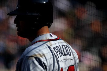 NEW YORK - SEPTEMBER 19:  Martin Prado #14 of the Atlanta Braves waits on deck to bat against the New York Mets at Citi Field on September 19, 2010 in the Flushing neighborhood of the Queens borough of New York City.  (Photo by Nick Laham/Getty Images)