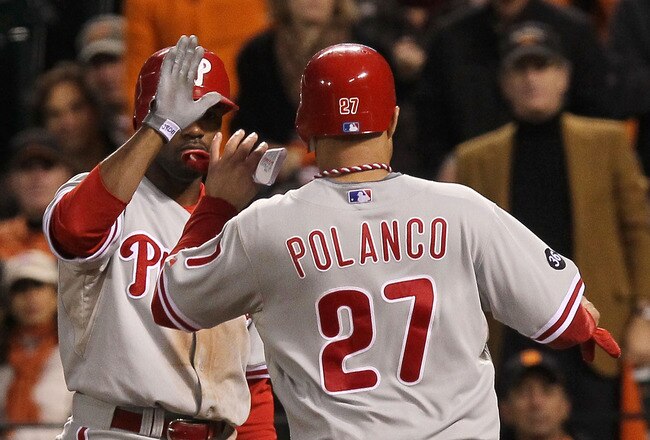 SAN FRANCISCO - OCTOBER 20:  Placido Polanco #27 of the Philadelphia Phillies scores against the San Francisco Giants in the fifth inning of Game Four of the NLCS during the 2010 MLB Playoffs at AT&T Park on October 20, 2010 in San Francisco, California.
