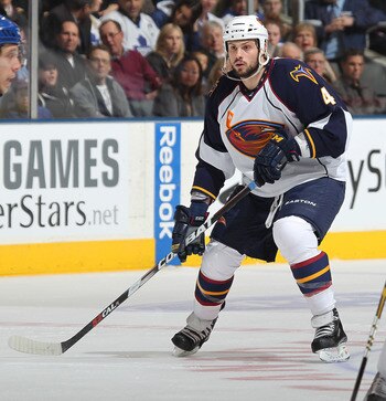TORONTO, CAN - FEBRUARY 7:  Zach Bogosian #4 of the Atlanta Thrashers skates in a game against the Toronto Maple Leafs on February 7, 2011 at the Air Canada Centre in Toronto, Canada. The Leafs defeated the Thrashers 5-4. (Photo by Claus Andersen/Getty Im
