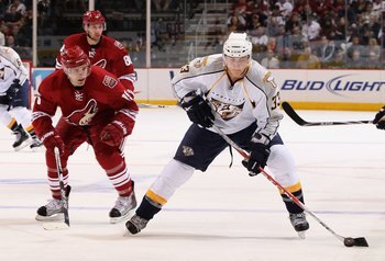 GLENDALE, AZ - APRIL 07:  Colin Wilson #33 of the Nashville Predators in action during the NHL game against the Phoenix Coyotes at Jobing.com Arena on April 7, 2010 in Glendale, Arizona. The Coyotes defeated the Predators 5-2.  (Photo by Christian Peterse