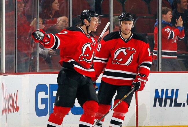 NEWARK, NJ - JANUARY 23:  Ilya Kovalchuk #17 of the New Jersey Devils celebrates a goal in first period of a game against the Florida Panthers at the Prudential Center on January 23, 2011 in Newark, New Jersey.  (Photo by Lou Capozzola/Getty Images)
