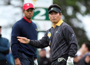 SAN FRANCISCO - OCTOBER 11:  Y.E.Yang of South Korea and the International Team on the tee at the 2nd hole in hi smatch with Tiger Woods of the USA team during the Day Four Singles Matches in The Presidents Cup at Harding Park Golf Course on October 11, 2