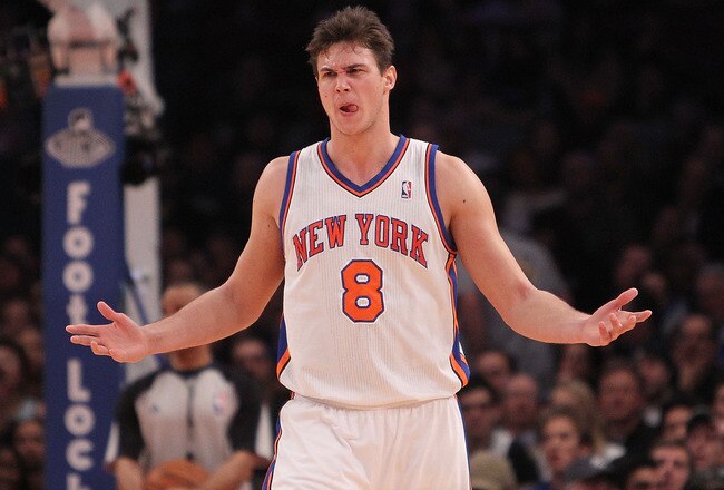 NEW YORK, NY - FEBRUARY 02:  Danilo Gallinari #8 of the New York Knicks questions a call against the Dallas Mavericks at Madison Square Garden on February 2, 2011 in New York City. NOTE TO USER: User expressly acknowledges and agrees that, by downloading