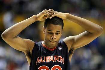 NASHVILLE, TN - MARCH 11:  Brendon Knox #30 of the Auburn Tigers looks on dejected after they lost 78-69 the Florida Gators during the first round of the SEC Men's Basketball Tournament at the Bridgestone Arena on March 11, 2010 in Nashville, Tennessee.