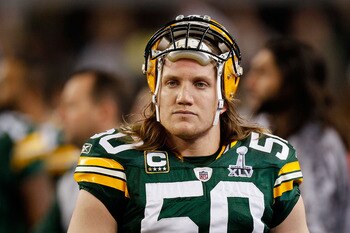 ARLINGTON, TX - FEBRUARY 06:  A.J. Hawk #50 of the Green Bay Packers looks on from the sideline against the Pittsburgh Steelers during Super Bowl XLV at Cowboys Stadium on February 6, 2011 in Arlington, Texas. The Packers won 31-25.  (Photo by Kevin C. Co