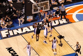 INDIANAPOLIS - APRIL 05:  A detail of a suspended overhead video camera films Gordon Hayward #20 of the Butler Bulldogs as he drives to the basket against the Duke Blue Devils during the 2010 NCAA Division I Men's Basketball National Championship game at