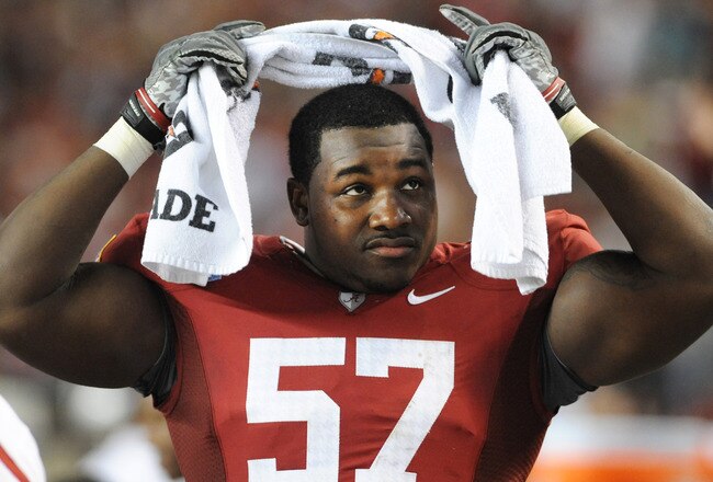 TUSCALOOSA, AL - NOVEMBER 13: Defensive lineman Marcell Dareus #57 of the Alabama Crimson Tide watches play against the Mississippi State Bulldogs November 13, 2010 at Bryant-Denny Stadium in Tuscaloosa, Alabama.  (Photo by Al Messerschmidt/Getty Images)