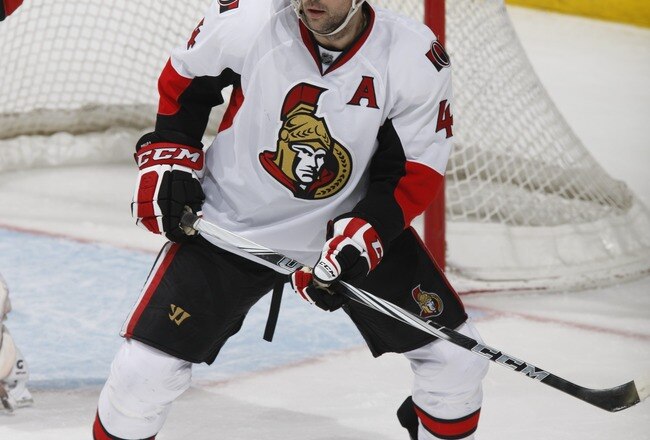 CALGARY, CANADA - FEBRUARY 9: Chris Phillips #4 of the Ottawa Senators skates against the Calgary Flames on February 9, 2011 at Scotiabank Saddledome in Calgary, Alberta, Canada. (Photo by Dale MacMillan/Getty Images)