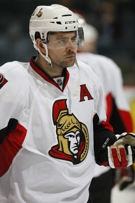 CALGARY, CANADA - FEBRUARY 9: Chris Phillips #4 of the Ottawa Senators skates against the Calgary Flames on February 9, 2011 at Scotiabank Saddledome in Calgary, Alberta, Canada. (Photo by Dale MacMillan/Getty Images)