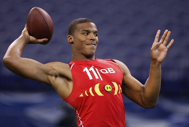 INDIANAPOLIS, IN - FEBRUARY 27: Cam Newton passes the ball during the 2011 NFL Scouting Combine at Lucas Oil Stadium on February 27, 2011 in Indianapolis, Indiana. (Photo by Joe Robbins/Getty Images)
