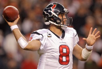 DENVER - DECEMBER 26:  Quarterback Matt Schaub #8 of the Houston Texans throws a pass against the Denver Broncos during the fourth quarter at INVESCO Field at Mile High on December 26, 2010 in Denver, Colorado.  The Denver Broncos defeated the Houston Tex