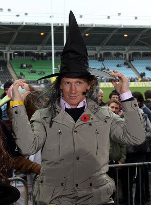 TWICKENHAM, ENGLAND - OCTOBER 31:   Pete Richards former England player now ESPN rugby pundit dresses up for Halloween during the Aviva Premiership match between Harlequins and Bath at the Stoop on October 31, 2010 in Twickenham, England.  (Photo by David