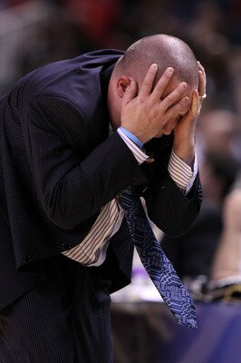 SAN JOSE, CA - MARCH 18:  Head coach Buzz Williams of the Marquette Golden Eagles reacts to a play during their game against the Washington Huskies in the first round of the 2010 NCAA men's basketball tournament at HP Pavilion on March 18, 2010 in San Jos