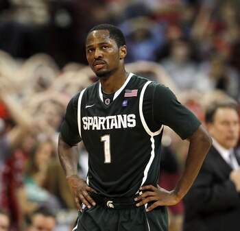 COLUMBUS, OH - FEBRUARY 15: Kalin Lucas #1 of the Michigan State Spartans walks off of the court as Michigan State fell to the Ohio State Buckues 71-61 on February 15, 2011 at Value City Arena in Columbus, Ohio.  (Photo by Gregory Shamus/Getty Images)