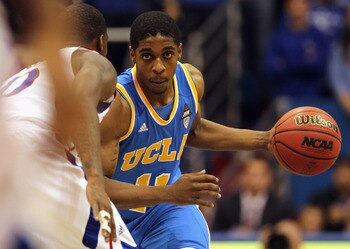 LAWRENCE, KS - DECEMBER 02:  Lazeric Jones #11 of the UCLA Bruins in action during the game against the Kansas Jayhawks on December 2, 2010 at Allen Fieldhouse in Lawrence, Kansas.  (Photo by Jamie Squire/Getty Images)