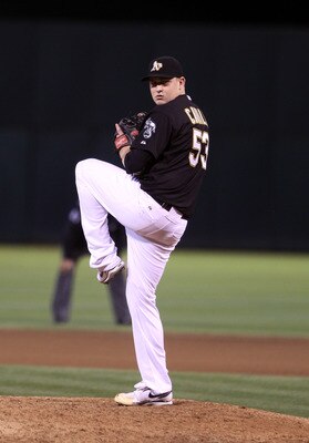 OAKLAND, CA - SEPTEMBER 10:  Trevor Cahill #53 of the Oakland Athletics pitches against the Boston Red Sox at the Oakland-Alameda County Coliseum on September 10, 2010 in Oakland, California.  (Photo by Ezra Shaw/Getty Images)