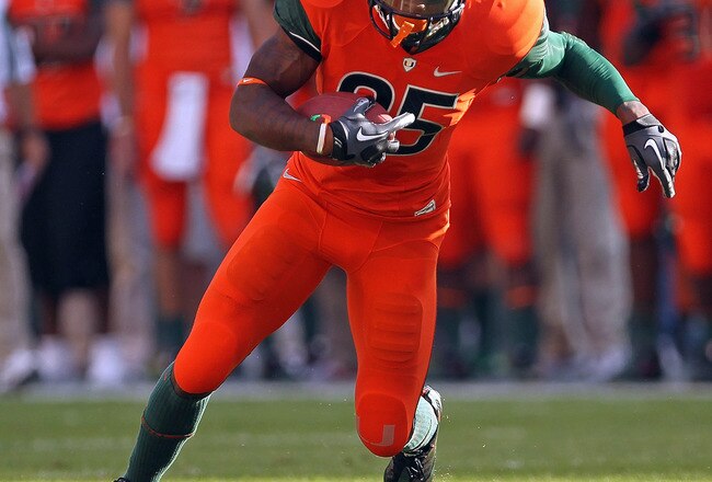MIAMI - NOVEMBER 20: Leonard Hankerson #85 of the Miami Hurricanes runs after a catch during a game against the Virginia Tech Hokies at Sun Life Stadium on November 20, 2010 in Miami, Florida.  (Photo by Mike Ehrmann/Getty Images)