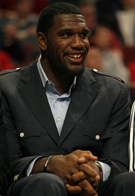 CHICAGO - NOVEMBER 01: Greg Oden #52 of the Portland Trail Blazers watches from the bench as his teammates take on the Chicago Bulls at the United Center on November 1, 2010 in Chicago, Illinois. The Bulls defeated the Trail Blazers 110-98. NOTE TO USER: 