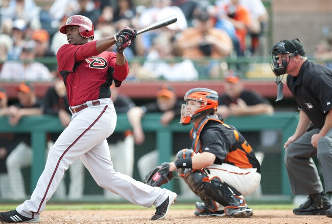 SCOTTSDALE, AZ - FEBRUARY 25: Justin Upton #10 of the Arizona Diamondbacks bats during a spring training game San Francisco Giant at Scottsdale Stadium on February 25, 2011 in Scottsdale, Arizona. (Photo by Rob Tringali/Getty Images)