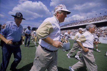 8 Sep 2001:  Head Coach George O''Leary of the Georgia Tech Yellow Jackets heads into the locker room during halftime of the game against the Navy Midshipmen at Memorial Stadium in Annapolis, Maryland. The Yellow Jackets defeated the Midshipmen 70-7. Mand