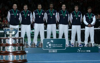BELGRADE, SERBIA - DECEMBER 05:  The French team with their runners up medals, (L-R)  Guy Forget, Julien Benneteau, Jo-Wilfried Tsonga, Gael Monfils, Michael Llodra, Gilles Simon and Arnaud Clement during day three of the Davis Cup Tennis Final at the Beg
