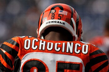 SAN DIEGO - DECEMBER 20: Chad Ochocinco #85 of the Cincinnati Bengals  wears the number 15 on his helmet honoring deceased teammate Chris Henry during warmups before the game with the San Diego Chargers on December 20, 2009 at Qualcomm Stadium in San Dieg