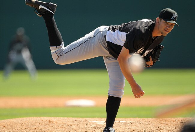 VIERA, FL - MARCH 02:  Josh Johnson #55  of the Florida Marlins pitches during a Spring Training game against the Washington Nationals at Space Coast Stadium on March 2, 2011 in Viera, Florida.  (Photo by Mike Ehrmann/Getty Images)