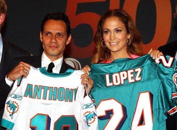 NEW YORK - JULY 21:  Marc Anthony and Jennifer Lopez attend the NFL, ESPN/ESPN Deportes and the Miami Dolphins press conference at the Time Warner Center on July 21, 2009 in New York City.  (Photo by Andrew H. Walker/Getty Images)