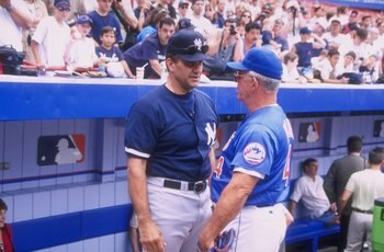 26 Jun 1998:  New York Yankees manager Joe Torre #6 and New York Mets manager Cookie Rojas #4 talk during an interleague game at Shea Stadium in Flushing, New York.  The Yankees defeated the Mets 7-2. Mandatory Credit: David Seelig  /Allsport