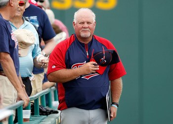 BRADENTON, FL - MARCH 02:  Manager Ron Gardenhire #35 of the Minnesota Twins listens to the National Anthem just before the start of the Grapefruit League Spring Training Game against the Pittsburgh Pirates during a at McKechnie Field on March 2, 2011 in