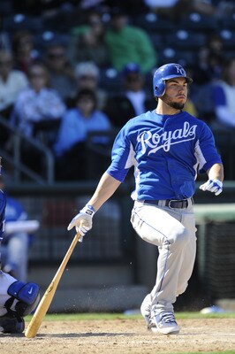 SURPISE, AZ - FEBRUARY 27: Eric Hosmer #40 of the Kansas City Royals bats during a spring training game against the Texas Rangers at Surprise Stadium on February 27, 2011 in Surprise, Arizona. (Photo by Rob Tringali/Getty Images)