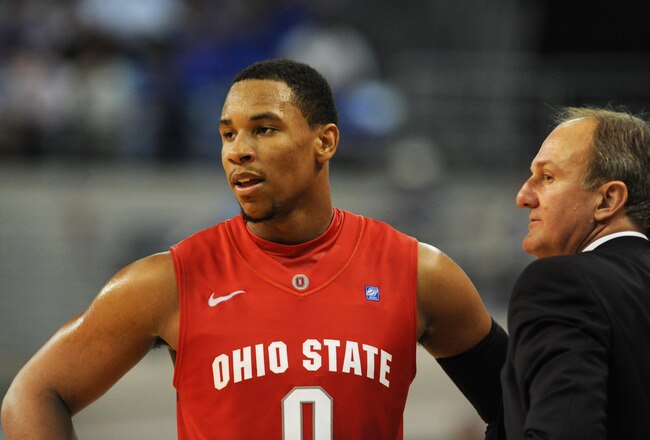 GAINESVILLE, FL - NOVEMBER 16: Coach Thad Matta of the Ohio State Buckeyes talks with forward Jared Sullinger #0 during play  against the Florida Gators November 16, 2010 at the Stephen C. O'Connell Center in Gainesville, Florida.  (Photo by Al Messerschm