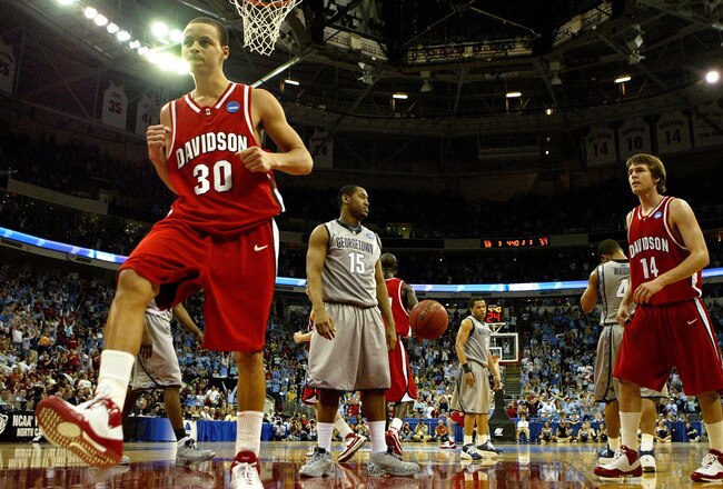 RALEIGH, NC - MARCH 23:  Stephen Curry #30 of the Davidson Wildcats celebrates after a basket against the Georgetown Hoyas during the second round of the 2008 NCAA Men's Basketball Tournament Midwest Regionals on March 23, 2008 at RBC Center in Raleigh, N