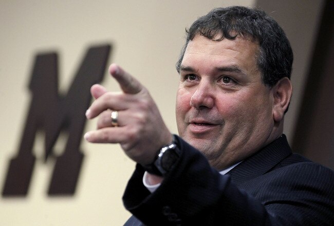 ANN ARBOR, MI - JANUARY 12:  New University of Michigan head football coach Brady Hoke speaks during his introductory press confrence at the Junge Family Champions Center on January 12, 2011 in Ann Arbor, Michigan.  (Photo by Gregory Shamus/Getty Images)