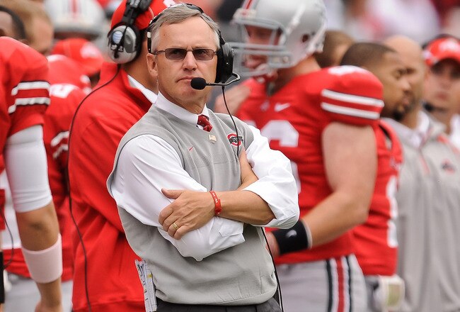 COLUMBUS, OH - OCTOBER 23:  Head Coach Jim Tressel of the Ohio State Buckeyes watches his team play the Purdue Boilermakers at Ohio Stadium on October 23, 2010 in Columbus, Ohio.  (Photo by Jamie Sabau/Getty Images)