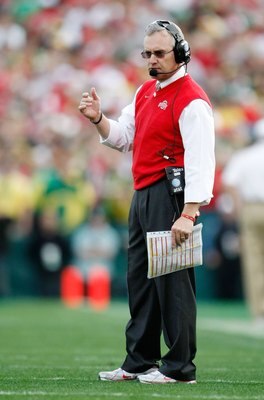 PASADENA, CA - JANUARY 01:  Head coach Jim Tressel of the Ohio State Buckeyes is seen during the 96th Rose Bowl game against the Oregon Ducks on January 1, 2010 in Pasadena, California.  (Photo by Jeff Gross/Getty Images)