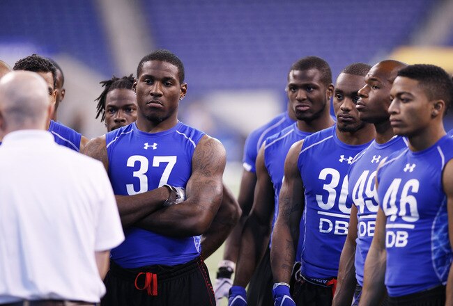 INDIANAPOLIS, IN - MARCH 1: Defensive back Patrick Peterson #37 of LSU looks on while standing with a group of other players during the 2011 NFL Scouting Combine at Lucas Oil Stadium on February 28, 2011 in Indianapolis, Indiana. (Photo by Joe Robbins/Get