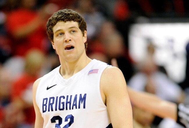 LAS VEGAS, NV - MARCH 11:  Jimmer Fredette #32 of the Brigham Young University Cougars appears on the court during a semifinal game of the Conoco Mountain West Conference Basketball tournament against the New Mexico Lobos at the Thomas & Mack Center March