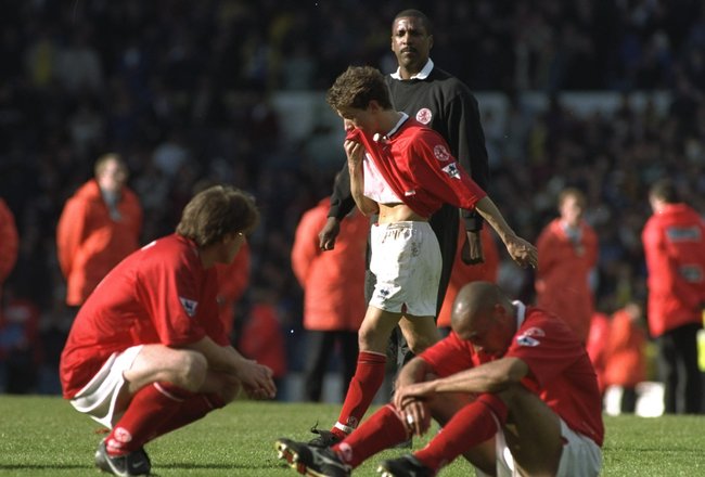11 May 1997:  Craig Hignett (left), Juninho and Curtis Fleming (right) of Middlesbrough face relegation after the FA Carling Premier League  match against Leeds United at Elland Road in Leeds, England. The game was drawn 1-1. \ Mandatory Credit: Clive Bru
