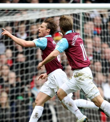 LONDON, ENGLAND - FEBRUARY 27:  Scott Parker (L) of West Ham celebrates with teammate Thomas Hitzlsperger as he scores the opening goal during the Barclays Premier League match between West Ham United and Liverpool at the Boleyn Ground on February 27, 201