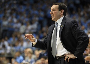 CHAPEL HILL, NC - MARCH 05:  Head coach Mike Krzyzewski of the Duke Blue Devils yells to his team against the North Carolina Tar Heels during their game at the Dean E. Smith Center on March 5, 2011 in Chapel Hill, North Carolina.  (Photo by Streeter Lecka