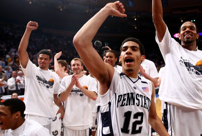 NEW YORK - APRIL 02: Talor Battle #12 of the Penn State Nittany Lions celebrates with team mates after defeating the Baylor Bears during the NIT Championship match at Madison Square Garden on April 2, 2009 in New York, New York.  (Photo by Chris McGrath/G