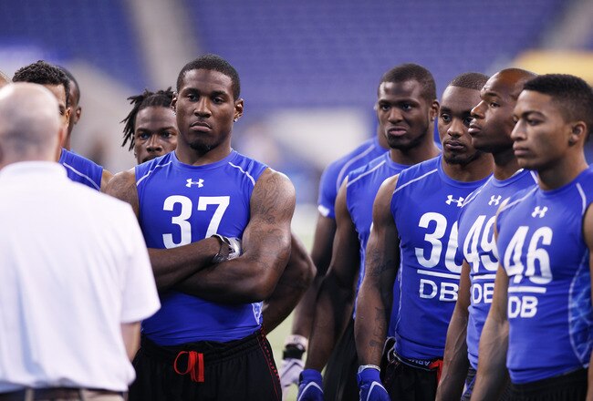 INDIANAPOLIS, IN - MARCH 1: Defensive back Patrick Peterson #37 of LSU looks on while standing with a group of other players during the 2011 NFL Scouting Combine at Lucas Oil Stadium on February 28, 2011 in Indianapolis, Indiana. (Photo by Joe Robbins/Get