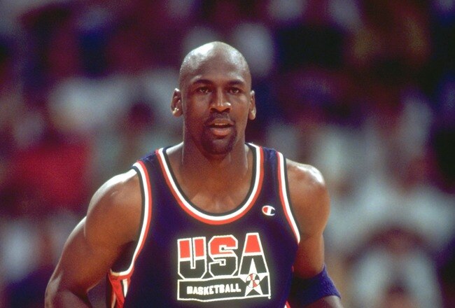 29 JUL 1992:  MICHAEL JORDAN OF THE UNITED STATES DRIBBLES THE BALL DOWN THE COURT DURING A BASKETBALL MATCH AGAINST GERMANY AT THE 1992 BARCELONA OLYMPICS IN BARCELONA, SPAIN.