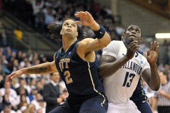VILLANOVA, PA - FEBRUARY 12: Gary McGhee #52 of the Pittsburgh Panthers blocks out Mouphtaou Yarou #13 of the Villanova Wildcats at The Pavilion on February 12, 2011 in Villanova, Pennsylvania. Pittsburgh won 57-54.  (Photo by Drew Hallowell/Getty Images)