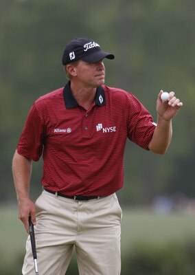 HUMBLE, TX - APRIL 02:  Steve Stricker holds up his ball after making a birdie on the second hole during the third round of the Shell Houston Open at Redstone Golf Club on April 2, 2011 in Humble, Texas.  (Photo by Michael Cohen/Getty Images)